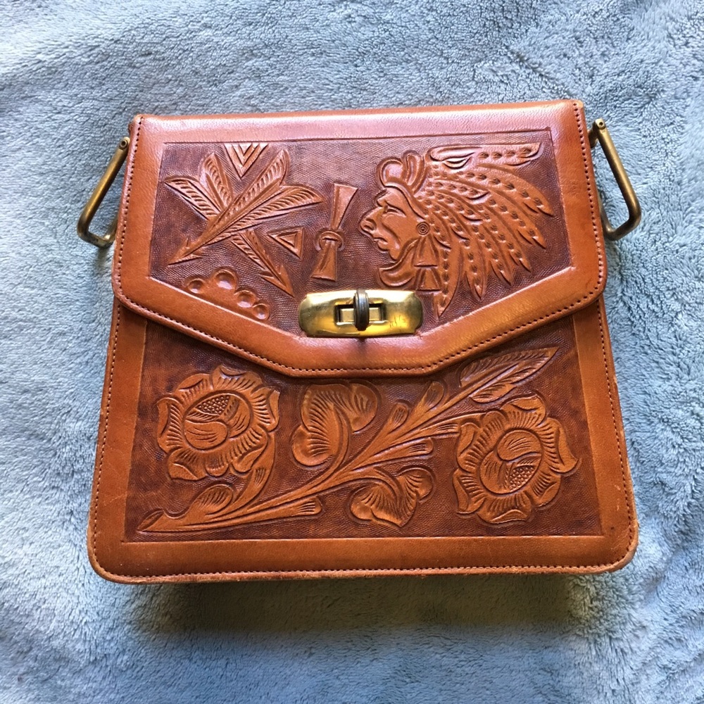 Vintage Hand Tooled Etched Cognac Leather Purse